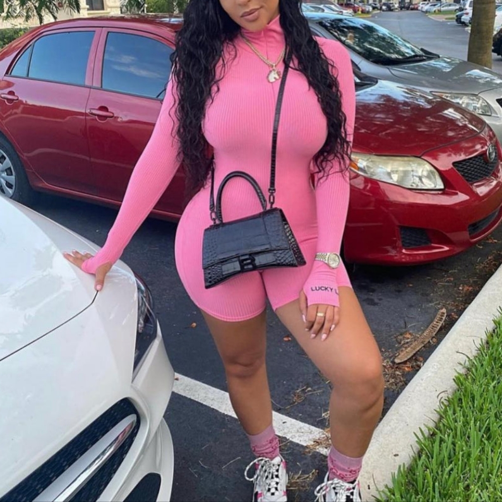 Lucky Label Pink Romper Size S Long Sleeve/Shorts Sexy Cute